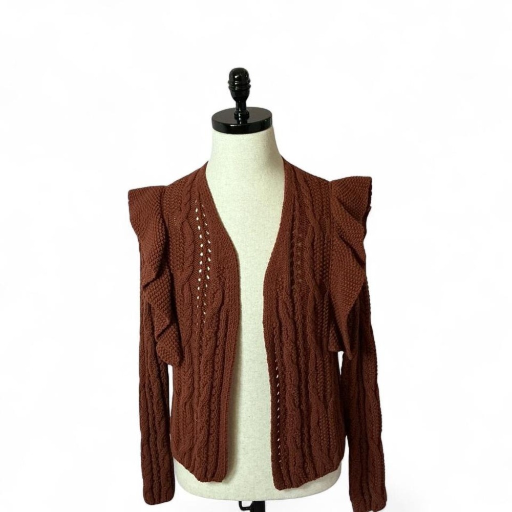 Universal Thread‎ Cardigan Ruffle Open Knit Brown Small Sweater